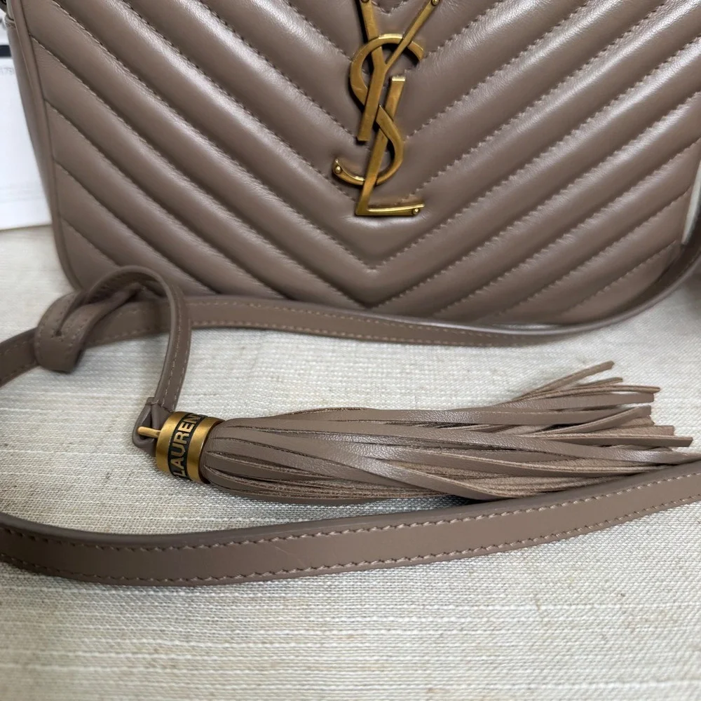 YSL Saint Laurent Lou Camera Bag Matelasse Chevron Calfskin Leather Taupe READ